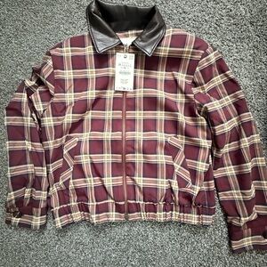 Zara Burgundy Plaid Jacket with Dark Brown Leather Collar